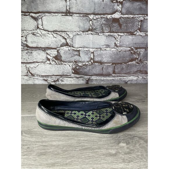 Tory Burch Channing Black Patent Leather Green Gray Canvas Ballet Flats Women 7M - Picture 13 of 16